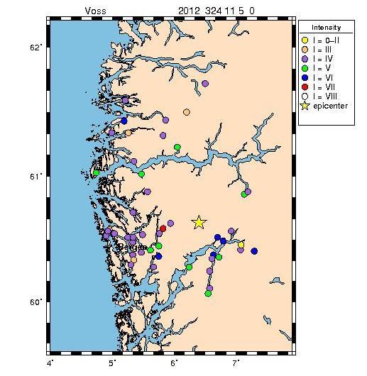 Figure 21. Macroseismic map of the March 24, 2012 earthquake at Voss.