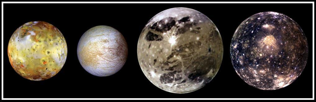 Galilean satellites: Io, Europa, Ganymede, and Callisto Io: hot volcanoes, colorful surface, lots of sulfur, no impact craters Europa: icy crust, possible