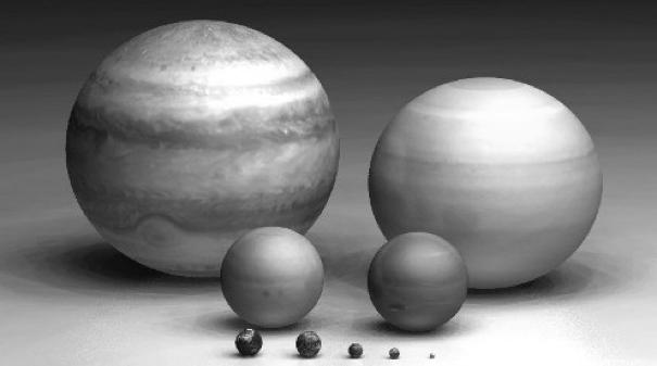 Moon Planets, Sizes to Scale Top Row:
