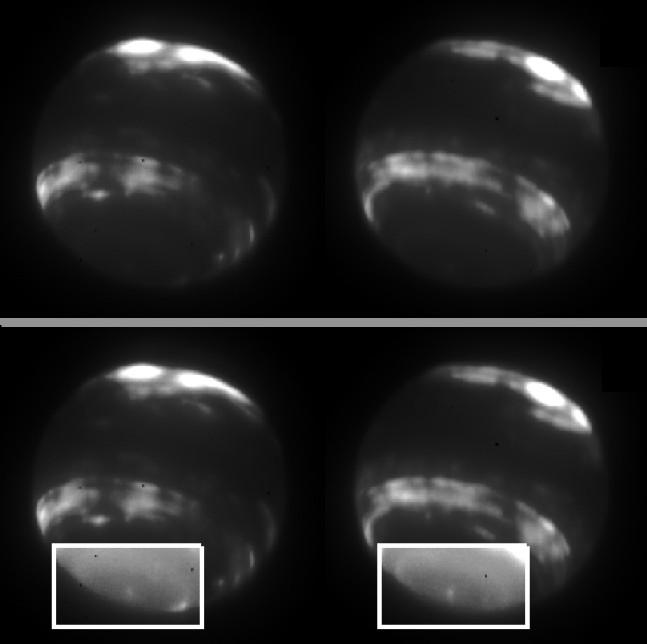 2007). Such studies require minute-to-minute tracking of small cloud features; Neptune has an astonishing number of such clouds in Keck images (Figure 17). Figure 17. Neptune with Keck in 2005.