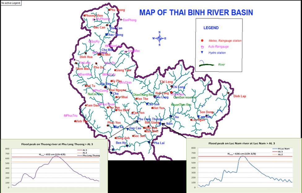 Figure 3: Flood peaks of the year on rivers: Thuong river at Phu Lang Thuong and Luc Nam river at Luc Nam As a result of historical rainfall during 23 Jul. and 4 Aug.