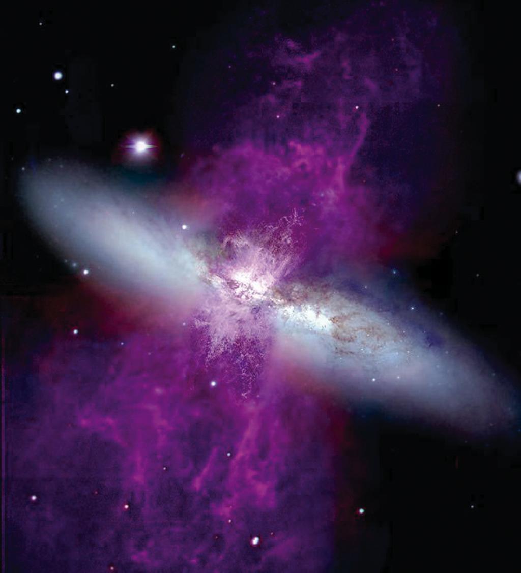 M82: Purple represents emission in ionized hydrogen (H-alpha) and ionized nitrogen, and the green is ionized sulfur in the WIYN data.