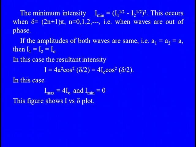 The minimum intensity I minimum will be =root of I1 - root of I2 whole square. This occurs when Delta is =2 n + 1 Pi. That is when waves are out of phase.
