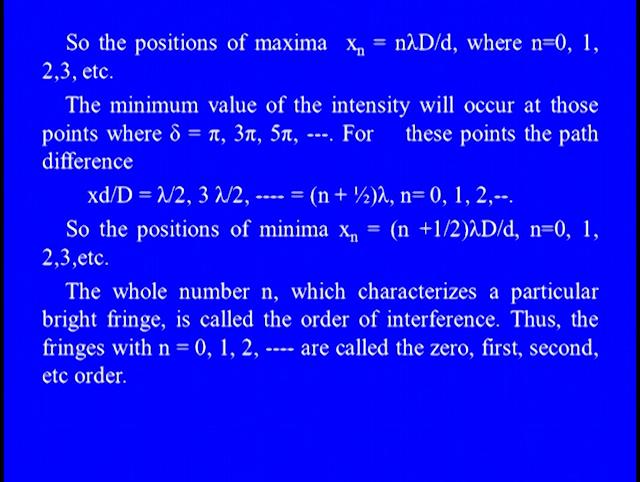 The minimum value of the intensity will occur at those points where Delta is =PI, 3PI, 5PI, so on.