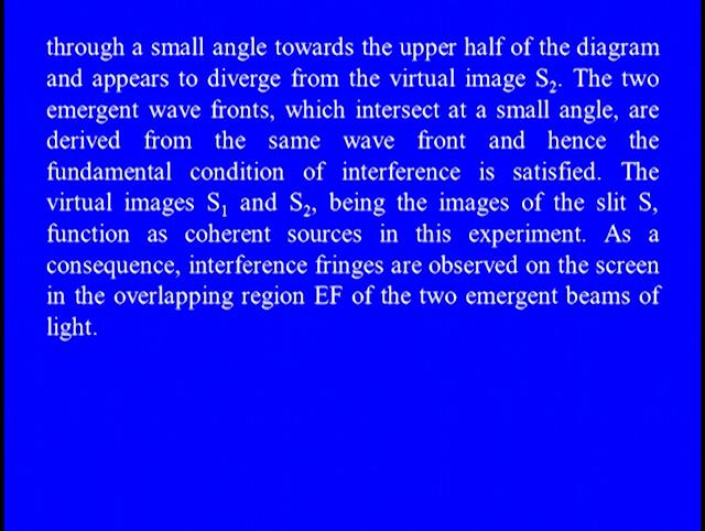 The two emergent wave fronts, which intersect at a small angle, are derived from the same wave front and hence the fundamental condition of the interference is satisfied.