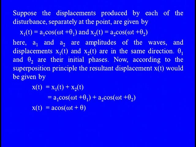 Suppose the displacement produced by each of the disturbance separately at the point are given by x1 t is =a cos Omega t + theta 1 and x2 t is =a2 cos