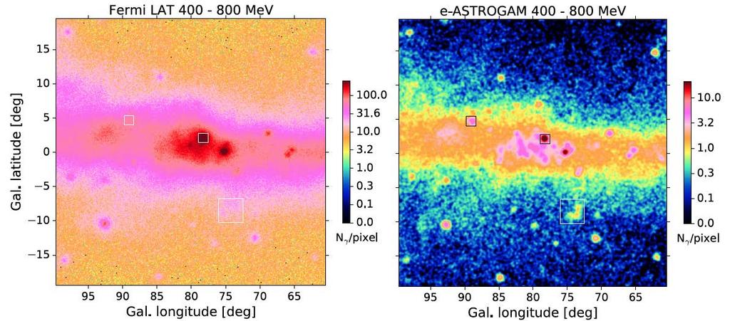 e-astrogam. Lower panel: comparison between the view of the Cygnus region by Fermi in 8 years (left) and that by e-astrogam in one year of effective exposure (right) between 400 and 800 MeV.