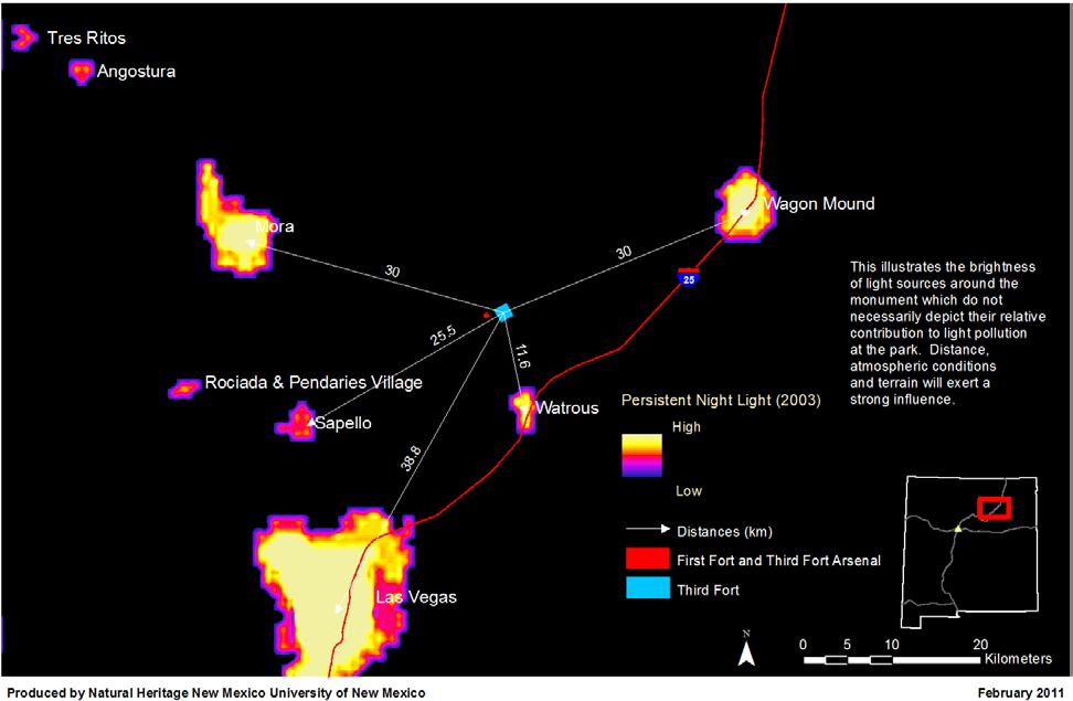 Figure 3-1. Threats to night skies at Fort Union National Monument using distance to and brightness of light sources near FOUN, from Elvidge et al. 1997. 3.1.2.