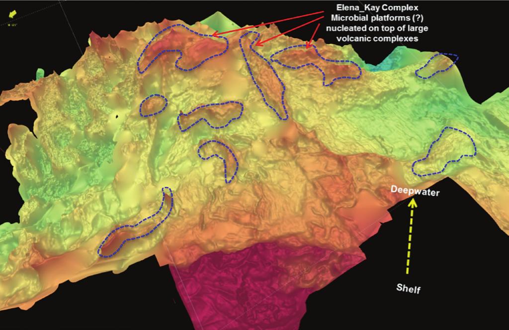 Figure 3: 3D perspective of the base salt structural map in the Campos Basin deepwater with pre-salt opportunities overlain as polygons.