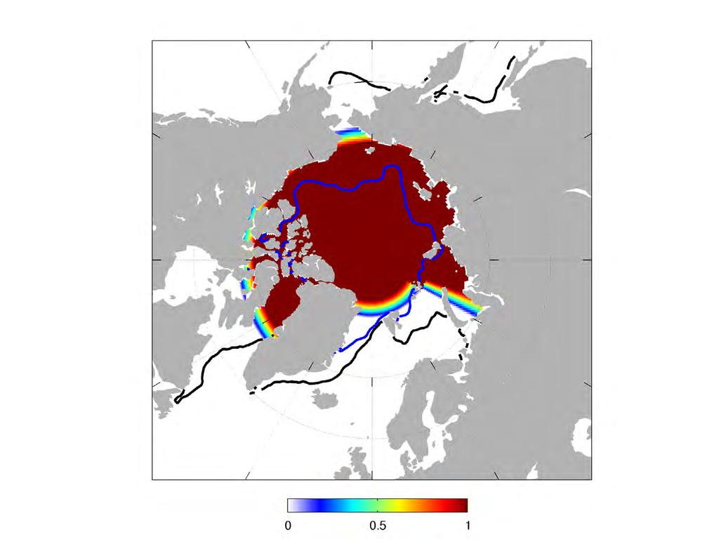 Control: mean May 1 2007-2014 sea ice thickness in Arctic basin Experiment: May 1 2015 sea ice thickness in Arctic basin