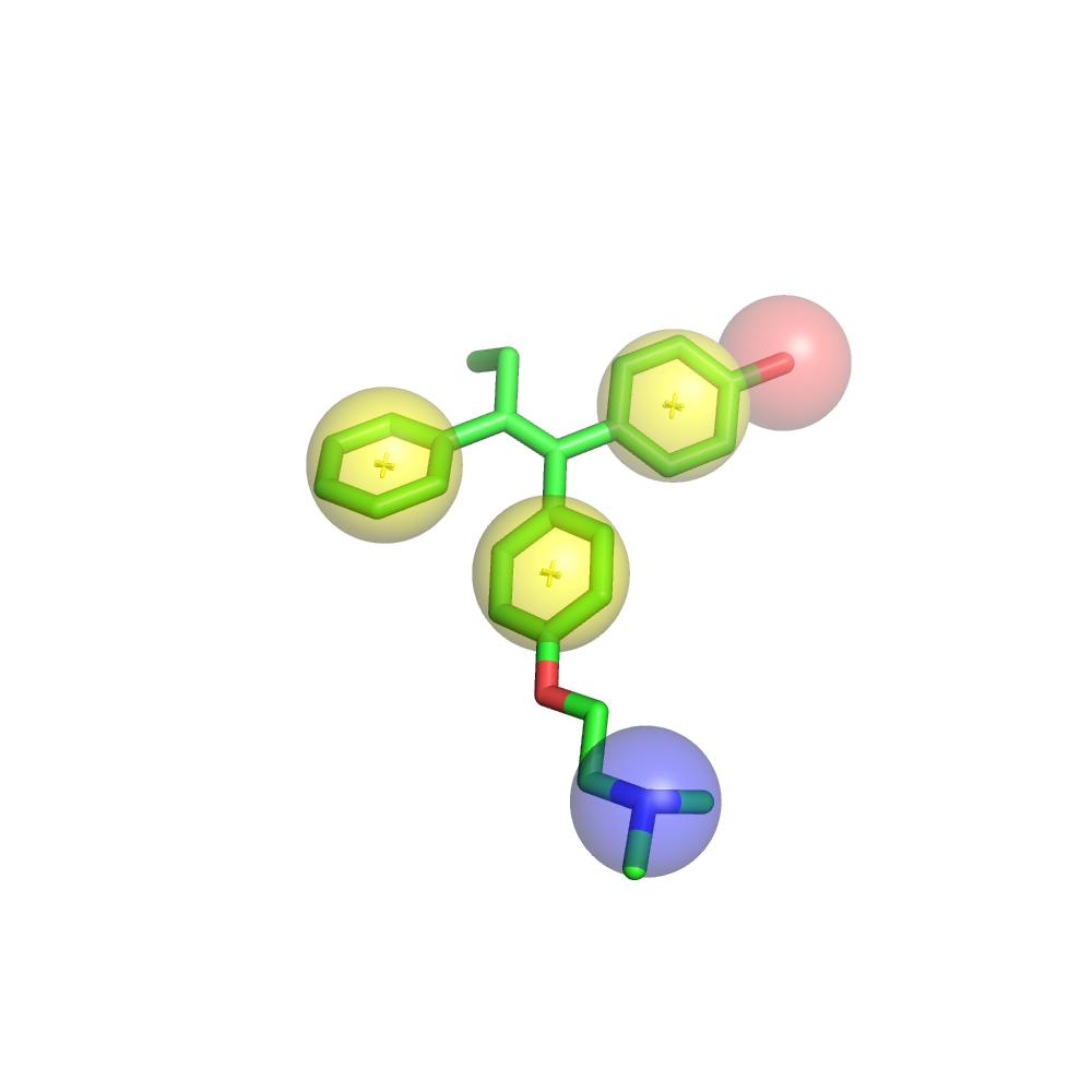 Pharmacophore searching Tamoxifene Lipophilic HB-Donor Basic Features: Lipohilic, ring, HB donor, basic. Each feature is represented as a sphere.