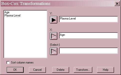 Data Input The data input dialog box requests the names of the columns containing the dependent variable Y and the independent variable X: Y: numeric column containing the n observations for the