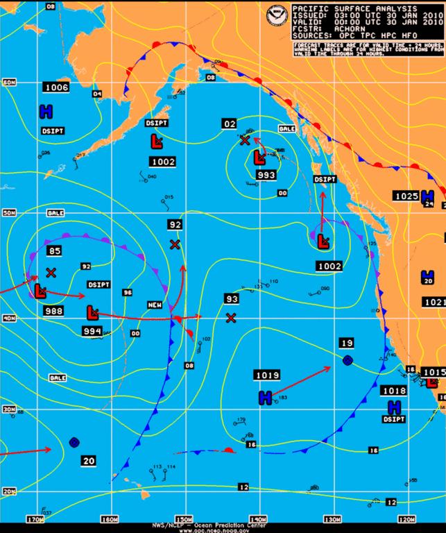 gives the Pacific surface analysis map valid at 00UTC January 30, 2010 (downloaded from http://nomads.ncdc.noaa.gov/ncep/ncep), in which the frontal zone has just approached the island of Kauai.