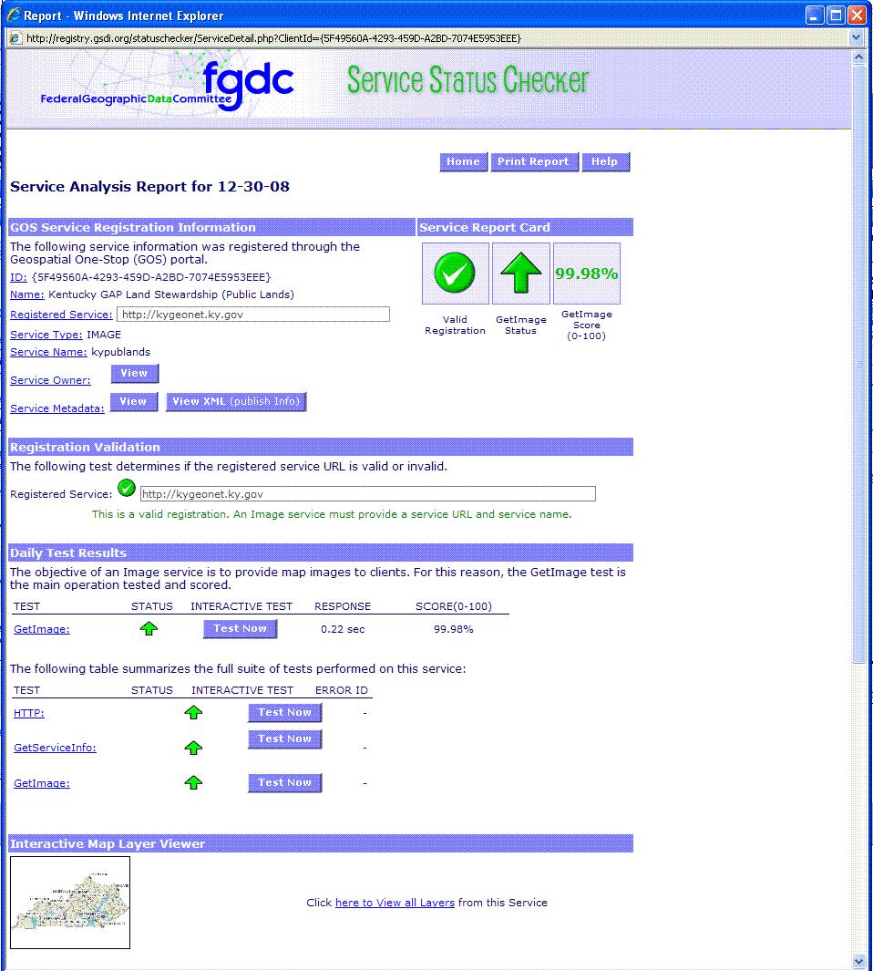 Detailed Report from FGDC Report Information: GOS Registration Information Health Test