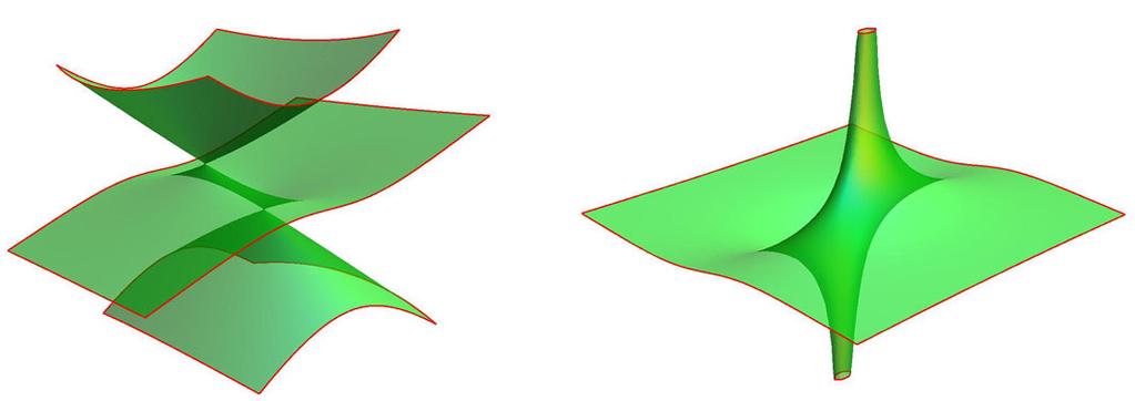 2 The surfaces parameterized by (C 3 ) in the affine chart t = 1(left) and by (C 4 ) in the affine chart w = 1(right) Fig.