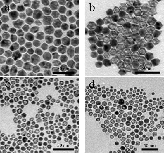 Fig. S2 TEM images of the nanoparticles synthesized by using different amounts of CTAB: a) 0; b) 0.025 g; c) 0.05 g; d) 0.075 g. Fig.