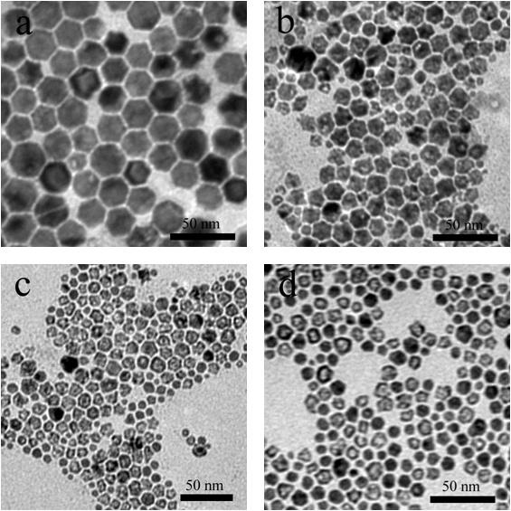 Fig. S4 TEM images of the synthesized nanoparticles collected at different reaction times: a) 4 h; b) 12 h; c) 16 h; d) 24 h during 24 h of reaction. Fig.