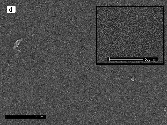 2 SEM images of samples prepared in different conditions (a) S1 etched for s; (b) S2 etched for 60s; (c) S3 etched for 0s; (d) S4