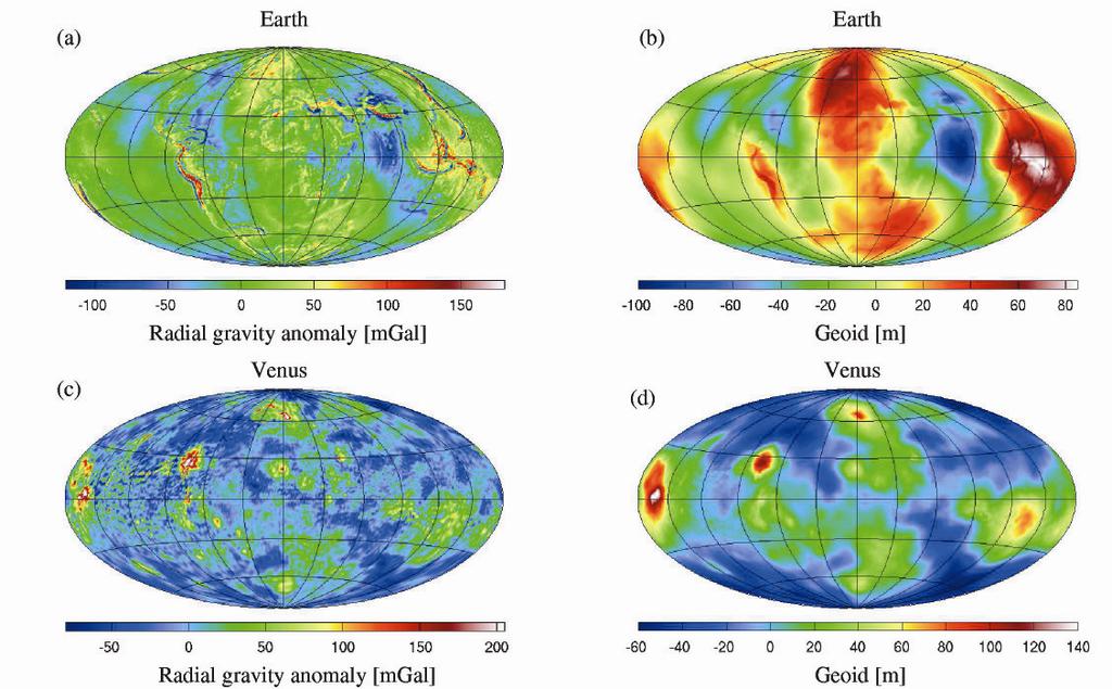 9 Fig.. Radial gravity anomaly gr and geoid height N for the Earth, Venus, Mars and the Moon. All images are in a Hammer projection with a central meridian of W.