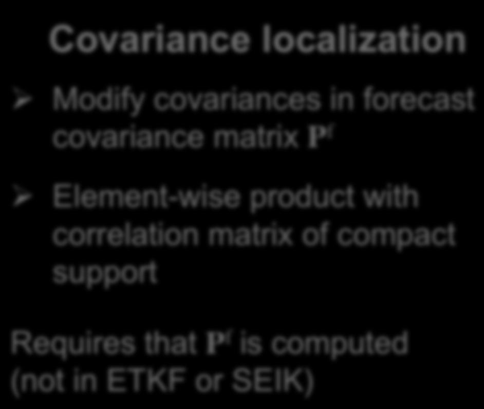 Localization Types Simplified analysis equation: x a = x f + Pf P f + R y xf Covariance localization Modify covariances in forecast covariance matrix P f