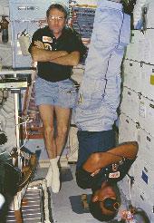 Life in Space Inside the shuttle, astronauts wear regular clothes, such as T-shirts and shorts. They don t bother wearing shoes because their feet never touch the floor.
