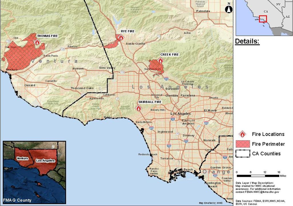 Wildfires CA Current Situation Region IX continues to monitor four large fires in Los Angeles and Ventura counties. The Thomas Fire (Ventura) is the largest with over 90k acres burned.
