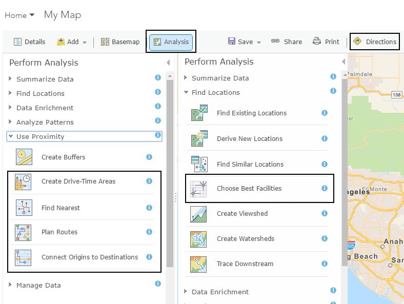 Using services in Map Viewer Directions button Analysis tools - Use Proximity - Most tools - Find