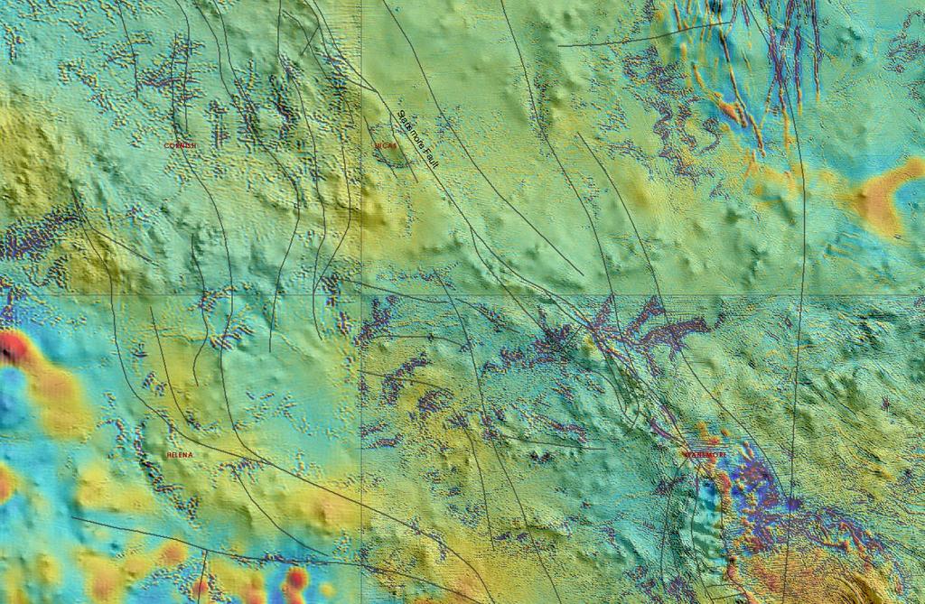 Fifth Australian Regolith Geoscientists Association Conference 30 Figure 4: Magnetic RTP 1VD image draped on Digital Elevation Model.