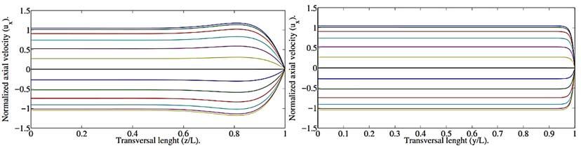 J. A. Rizzo-Sierra / JAFM, Vol. 0, No., pp. 59-77, 07. Fig. 6. Numerical solution respect to collocation parameters. C = 0.05, N ω = 0, M = 0, M / N ω = 0. t=8π / (top) and 9π / (Bottom)Rads.