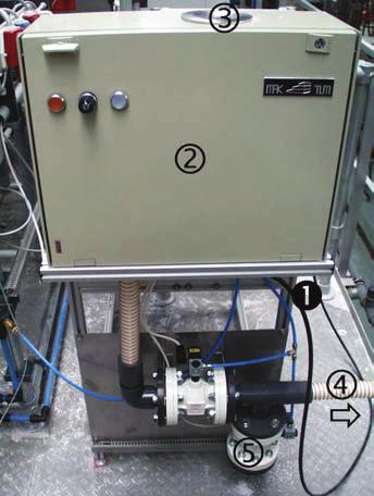 10. Section drawing of the calibration and analysis apparatus: probe of the FT-NIR spectrometer, housing, attachment for cleaning with compressed air, inlet for compressed air, inlet for the sample