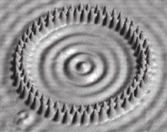 20 SETION nswer all the questions. 27 Fig. 27 shows a scanning tunnelling microscope (STM) scan of iron atoms formed into a double ring on a copper surface. The outer ring has a diameter of 3.