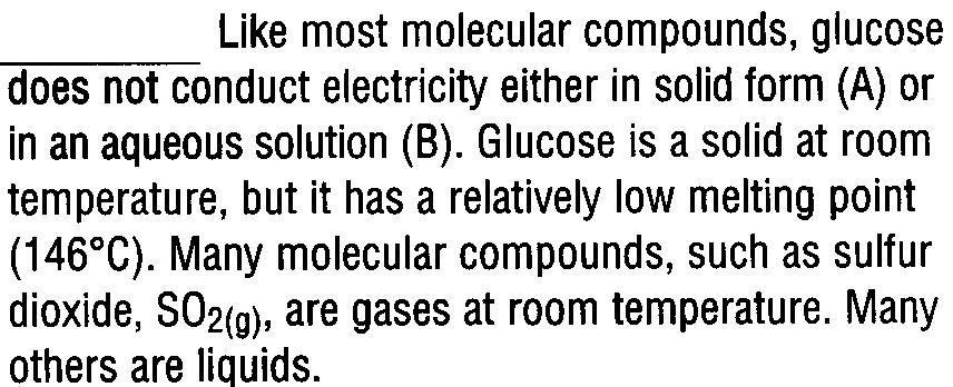 5 shows glucose solid and solution being tested for electrical conductivity.. Most molecular compounds have fairly low melting points.