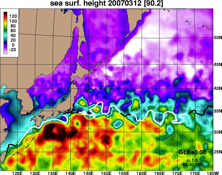 SSH on 23 Mar 2007 Gray areas are ice covered NW Pacific SSH zoom on 12 Mar 2006