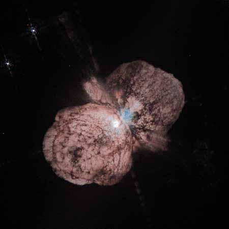 Eta Carinae-a luminous blue variable star Lobes of gas and dust ejected by the star dist ~ 8000 ly diam ~ 10 billion miles ~ 500 solar systems