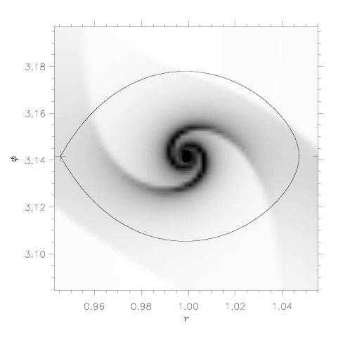 Clearly seen are the major effects an embedded planet has on the structure of the protoplanetary accretion disk. The gravitational force of the planet leads to spiral wave patterns in the disk.