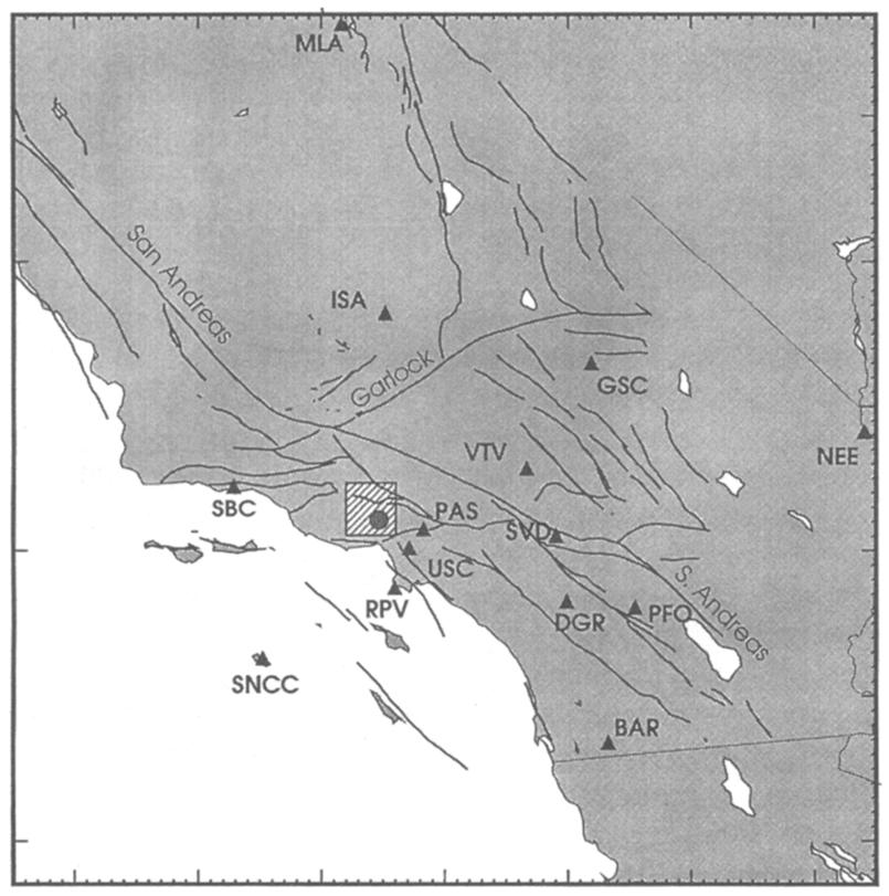 The gray circle is the epicenter. Andreas fault, the main boundary between the North American and Pacific plates (Fig. 1).