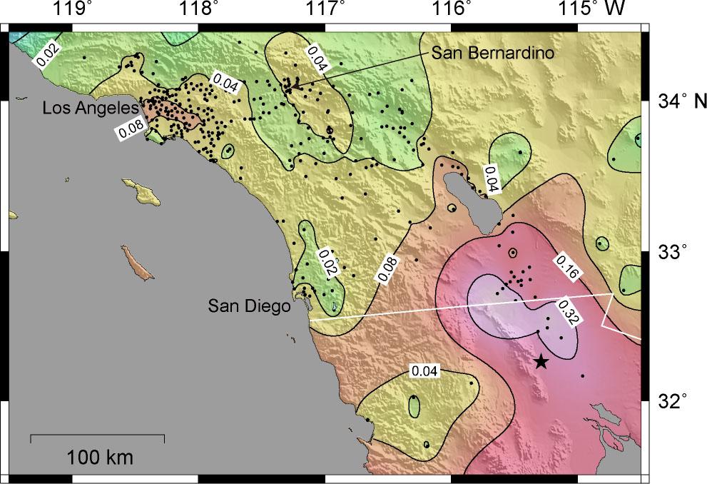 Fig. 3. Contour map of the PGV values (m/s) with a period range of 3 to 16 s observed in southern California during the El MayorCucapah earthquake.