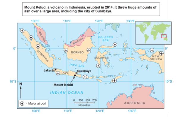 4. Study the information below. Mount Kelud, a volcano in Indonesia, erupted in 2014.
