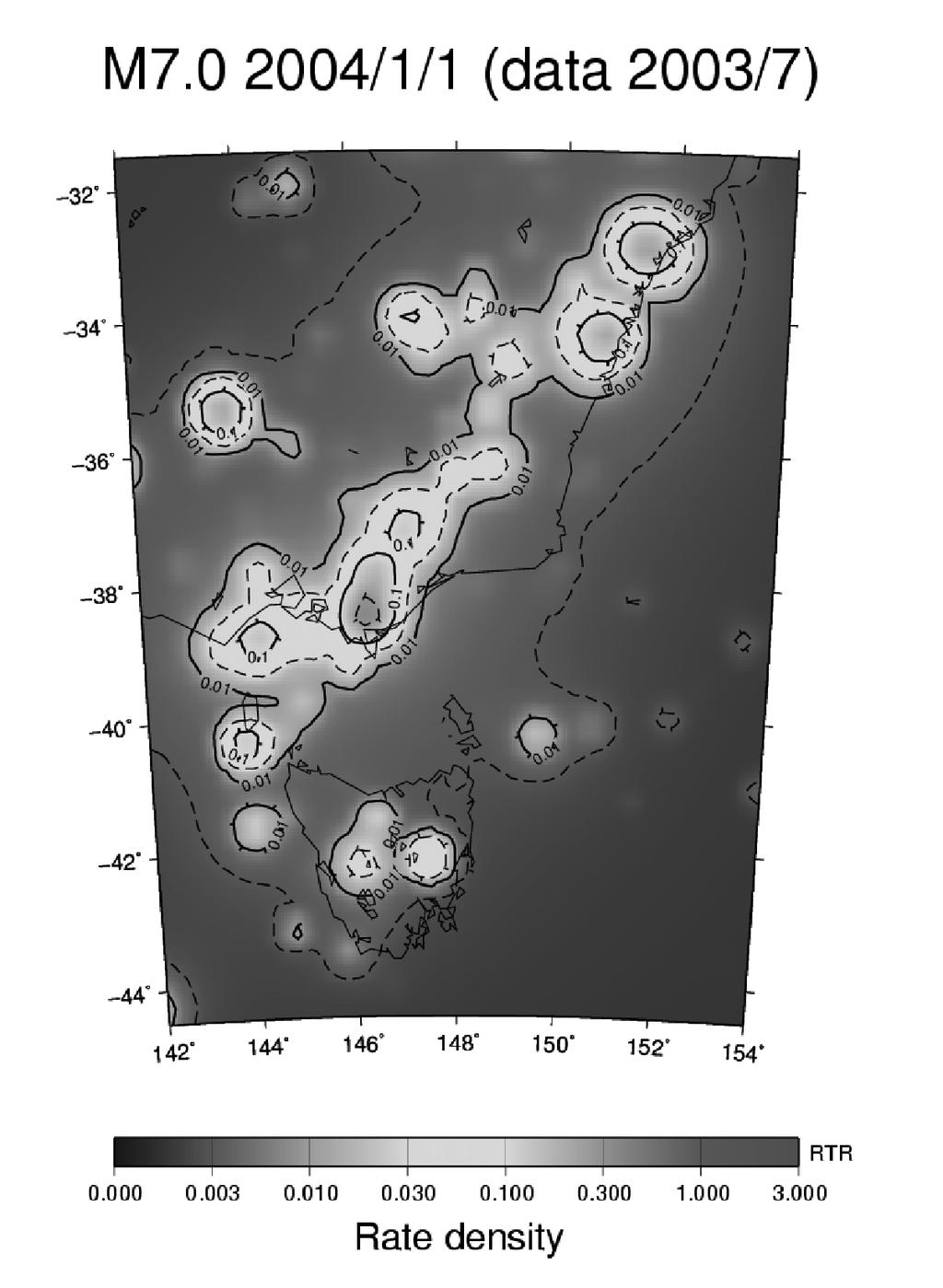 Figure 4. EEPAS rate density of earthquake occurrence in Southeastern Australia as at 2004 Jan 1 for M7.0 in RTR units, i.e. relative to a reference density in which there is an expectation of 1 earthquake per year exceeding any magnitude m in an area of 10m km 2.