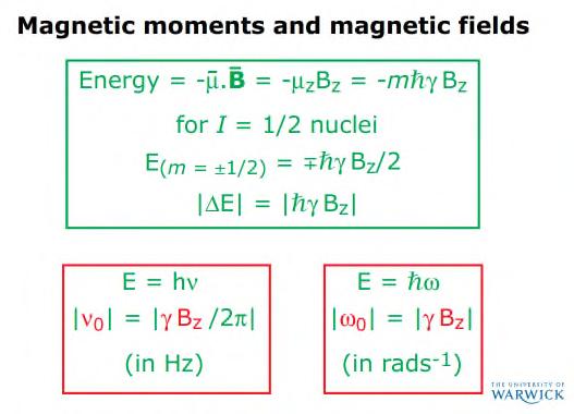 Magnetic resonance From Steven Brown s NMR lecture: n isolated I = ½ has m = ±½ ½ m = -½ m