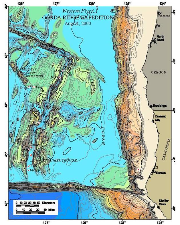 Gorda Ridge location map, with Tiburon ROV dive locations in red.