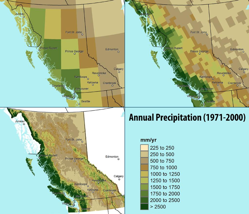 Figure 4: Maps showing simulations of past annual precipitation in millimeters per year, for the province of British Columbia.