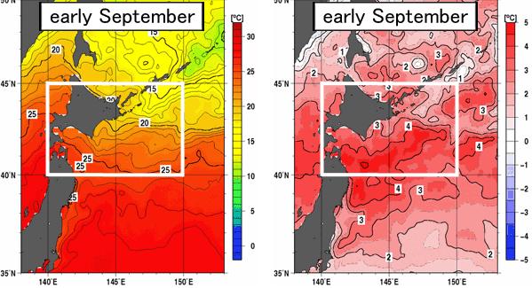 The values of area-averaged SSTs for the two consecutive 10-day periods of early and mid-september 2012 were the highest on record for the respective periods of the year since 1985 (Table 4; Figure