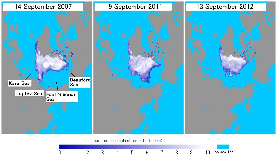Sea Ice in the Arctic Ocean for the 2012 Summer Season The sea ice extent in the Arctic Ocean for the 2012 summer season was the smallest since 1979.