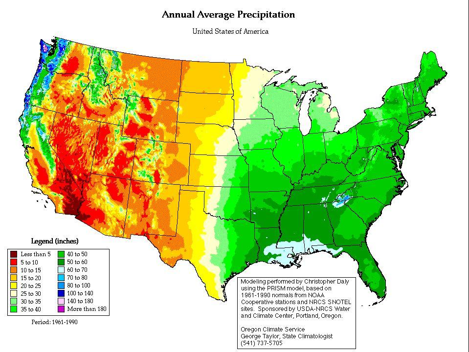 Average Precipitation Half of theannual continental United States averages less than Almost