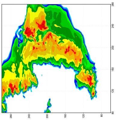 t = 4:55, 1 km simulated reflectivity Figure 6: The 190 position case showing simulated radar reflectivity