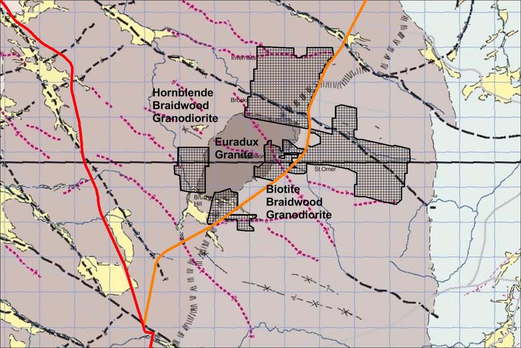 Euradux 10km Nth of Braidwood Low magnetic, late stage Euradux Granite E W