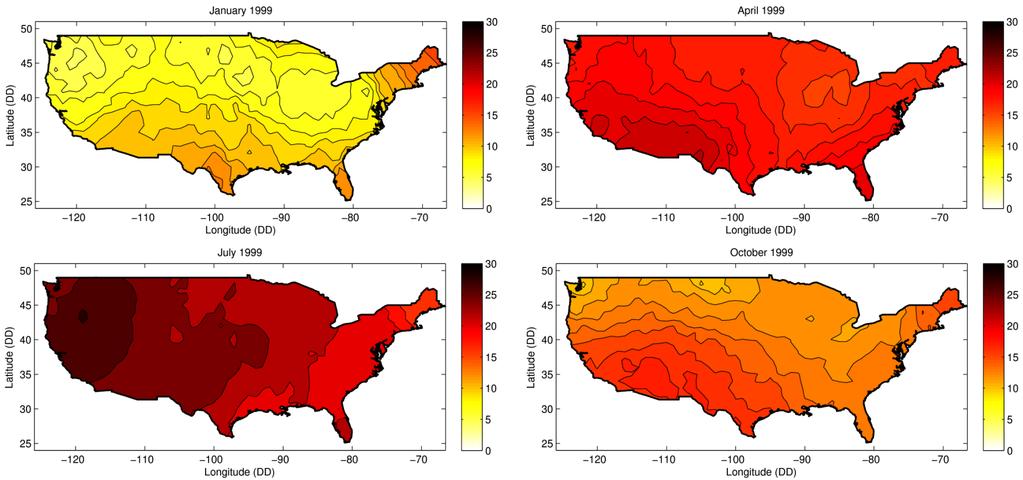 The current study produces informative maps of predicted monthly-averaged global solar irradiance across the USA for 1999.