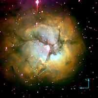 (HST 1997) The Trifid Nebula, 3000 parsecs away in the constellation Sagitarius, is also a molecular cloud
