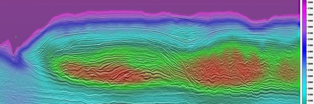 Figure 3: Shallow velocity model with seismic section overlain. The shallow carbonate sequence exhibits seismic velocities up to 4000m/sec which decrease over the next 1km of depth to 3000m/sec.